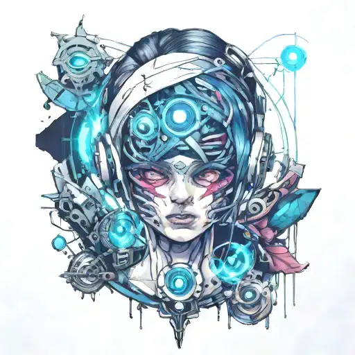 ghost, spirits, anime cyberpunk girl,evil eye  tattoo design idea
