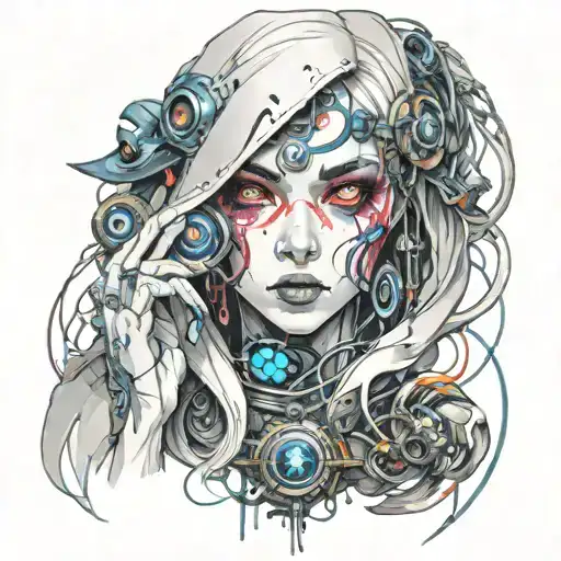 ghost, spirits, anime cyberpunk girl,evil eye,illusion  tattoo design idea