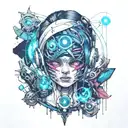 ghost, spirits, anime cyberpunk girl,evil eye  tattoo design idea