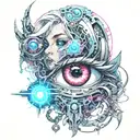ghost, spirits, anime cyberpunk girl,evil eye  tattoo design idea