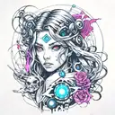 ghost, spirits, anime cyberpunk girl,evil eye  tattoo design idea