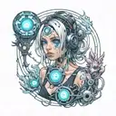 ghost, spirits, anime cyberpunk girl,evil eye  tattoo design idea