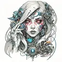 ghost, spirits, anime cyberpunk girl,evil eye,illusion  tattoo design idea