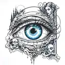 ghost, spirits, anime cyberpunk girl,evil eye,illusion  tattoo design idea