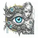 ghost, spirits, anime cyberpunk girl,evil eye,illusion  tattoo design idea