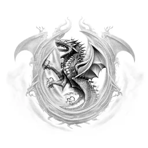 A black-grey tattoo of the Iron Throne surrounded by dragons, representing the client's love for both Game of Thrones and engineering tattoo design idea