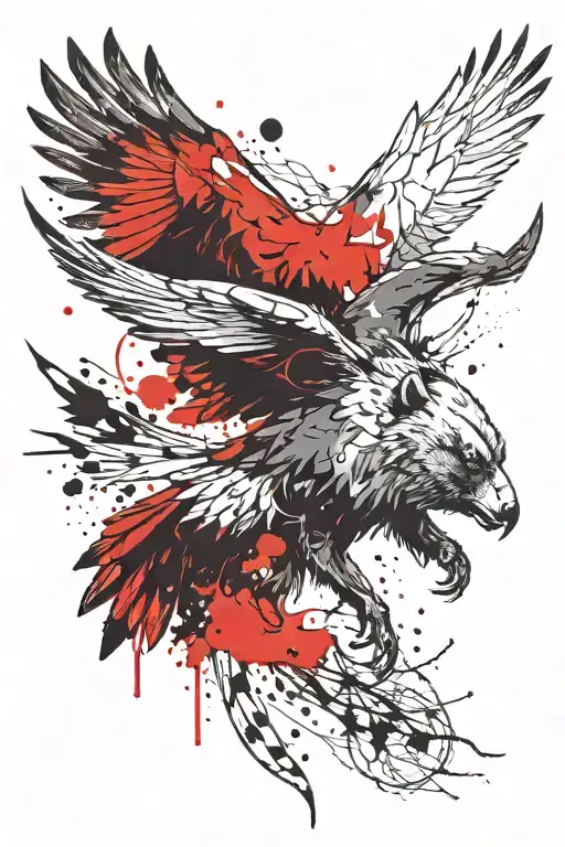 tattoo for men, shoulder, head of a bear and a raven with outstretched wings, trash polka tattoo design idea