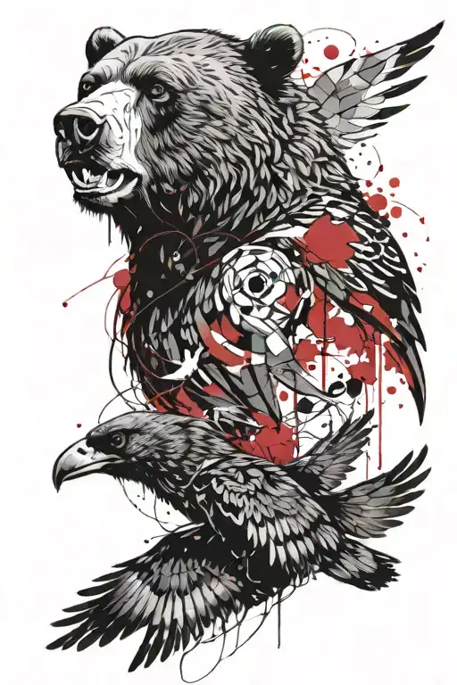 tattoo for men, shoulder, head of a bear and a raven with outstretched wings, trash polka tattoo design idea