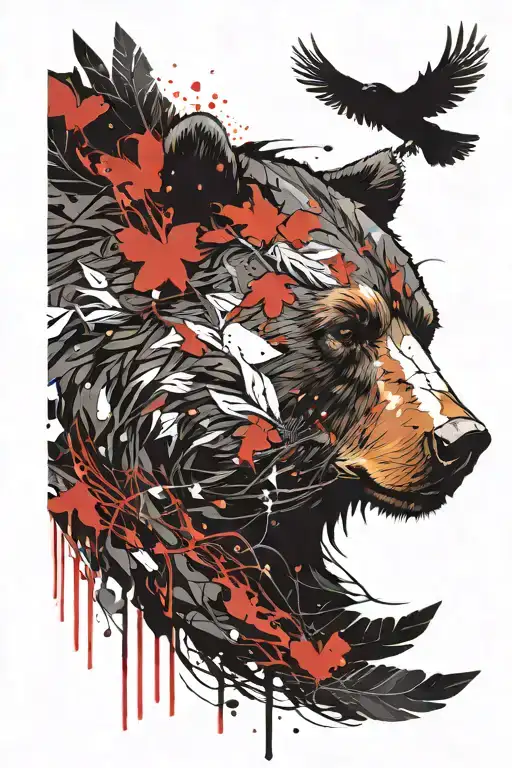 bear head and raven with outstretched wings tattoo design idea