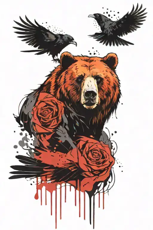 tattoo for men, shoulder, head of a bear and a raven with outstretched wings, trash polka tattoo design idea