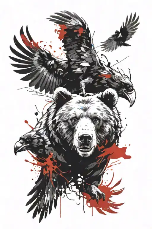 tattoo for men, shoulder, head of a bear and a raven with outstretched wings, trash polka tattoo design idea