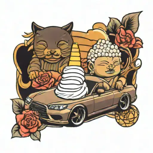 car, ice cream cone, buddha sitting side tattoo design idea
