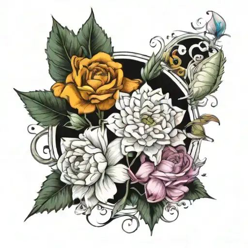  "Create a highly detailed and realistic portrait of a specific flower, capturing its intricate petals, leaves, and text tattoo design idea