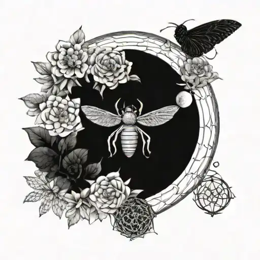 crescent moon, metatron cube, cicada, flower of life tattoo design idea