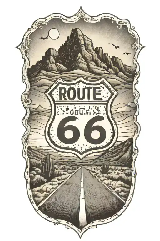 Route 66 sign road leading towards mountain tattoo design idea