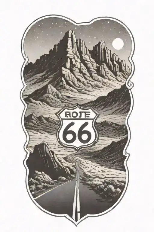 Route 66 sign road leading towards mountain peaks tattoo design idea