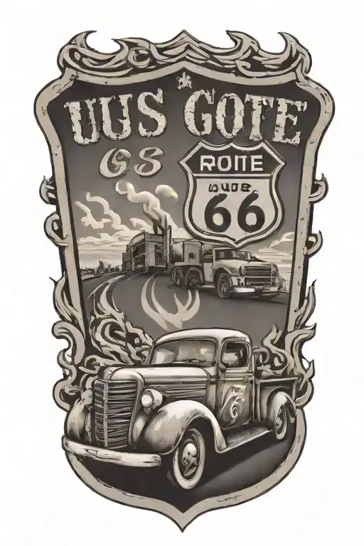 USA Route 66 sign with a truck and a road and flames tattoo design idea