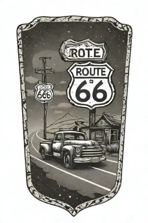 Route 66 sign road and truck   tattoo design idea