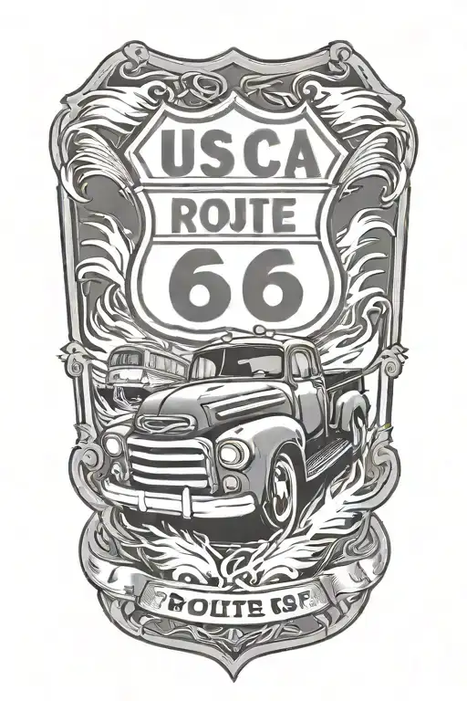 USA Route 66 sign with a truck and a road and flames tattoo design idea