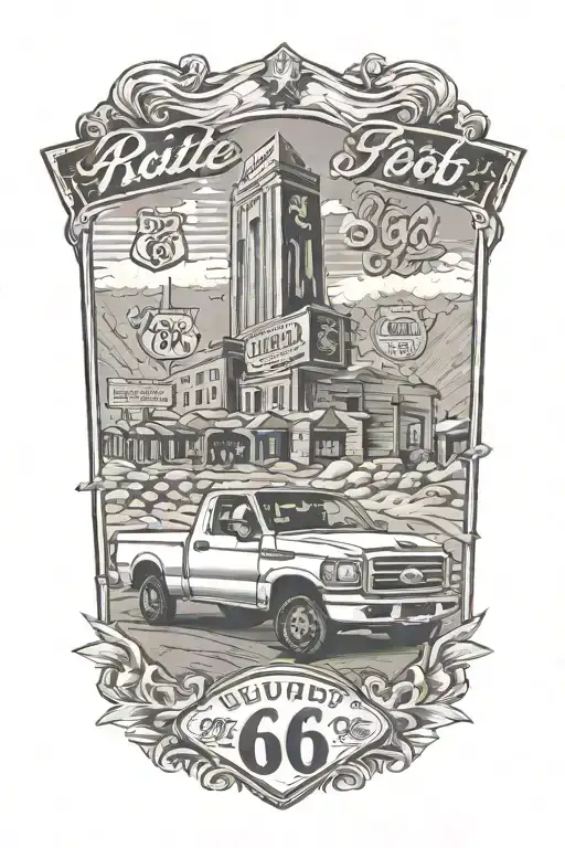Route 66 road leading ford truck front view tattoo design idea