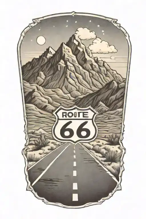 Route 66 sign road leading towards mountain peaks tattoo design idea