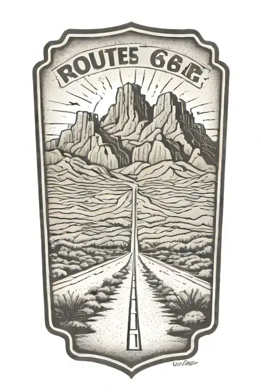Route 66 sign road leading towards mountain range tattoo design idea