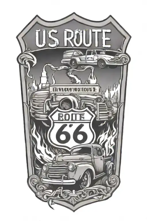 USA Route 66 sign with a truck and a road and flames tattoo design idea
