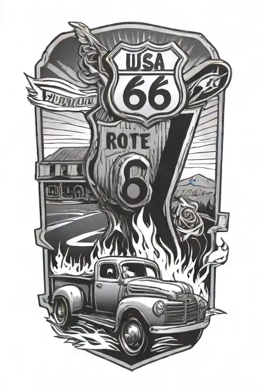 USA Route 66 sign with a truck and a road and flame tattoo design idea
