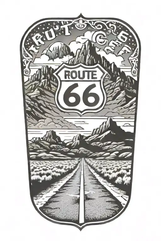 Route 66 sign road leading towards mountain range tattoo design idea