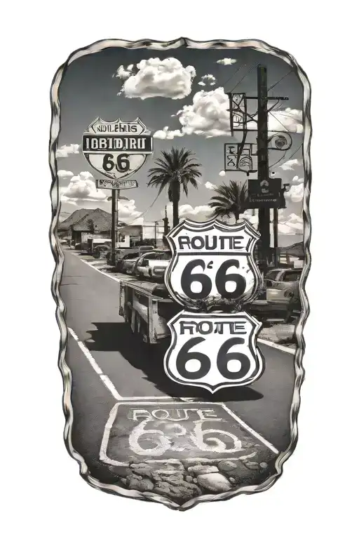 Route 66 sign road leading truck parked tattoo design idea