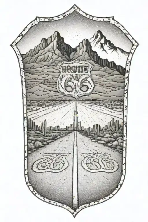 Route 66 sign road leading towards mountain range tattoo design idea