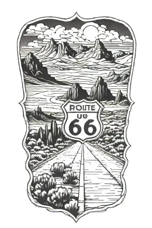 Route 66 sign road leading towards mountain range tattoo design idea