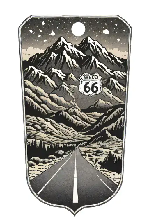 Route 66 sign road leading towards mountain peaks tattoo design idea