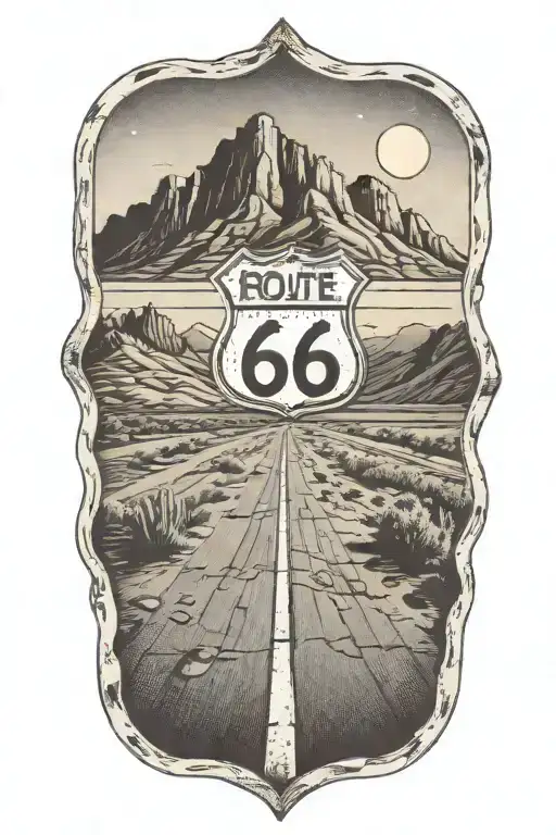 Route 66 sign road leading towards mountain tattoo design idea