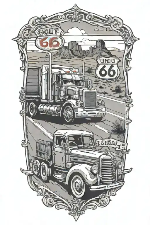 Route 66 road leading regular truck parked in front view tattoo design idea
