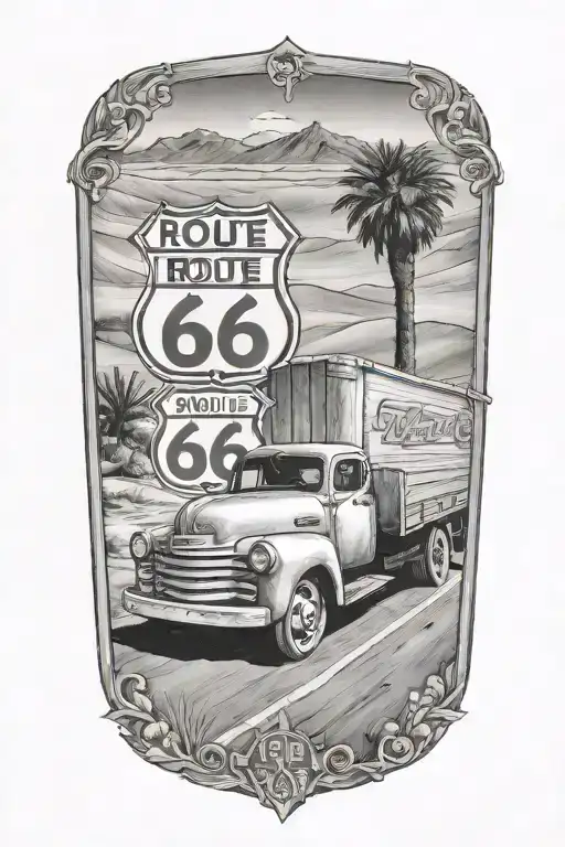 Route 66 road leading truck parked in front view tattoo design idea