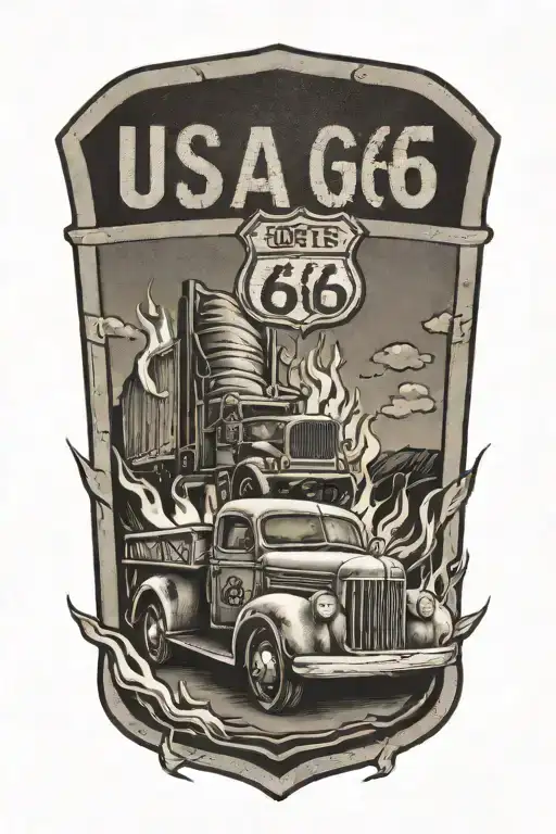 USA Route 66 sign with a truck and a road and flames tattoo design idea