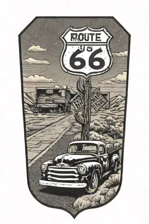 Route 66 sign  with truck and road leading   tattoo design idea