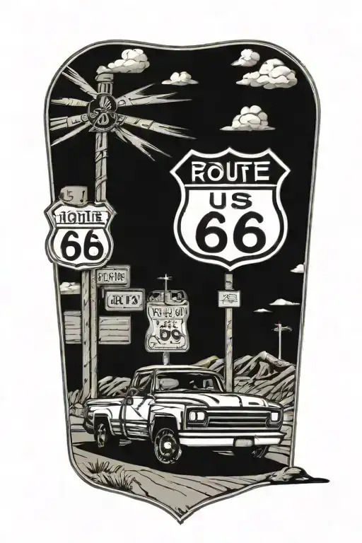 Route 66 sign road leading truck parked tattoo design idea