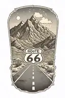Route 66 sign road leading towards mountain peaks tattoo design idea