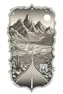 Route 66 sign road leading towards mountain peaks tattoo design idea