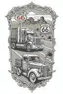 Route 66 road leading regular truck parked in front view tattoo design idea