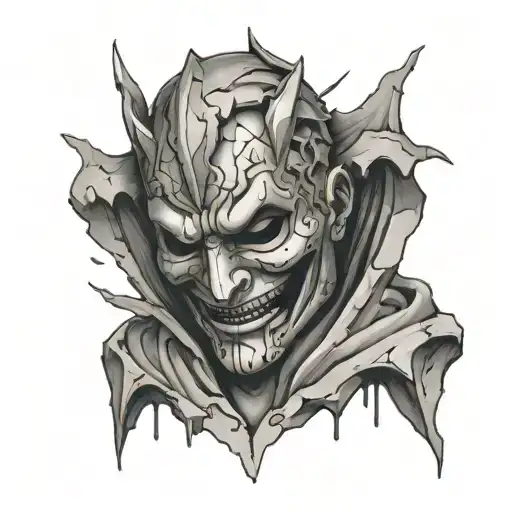 broken statue with smiling mask tattoo design idea