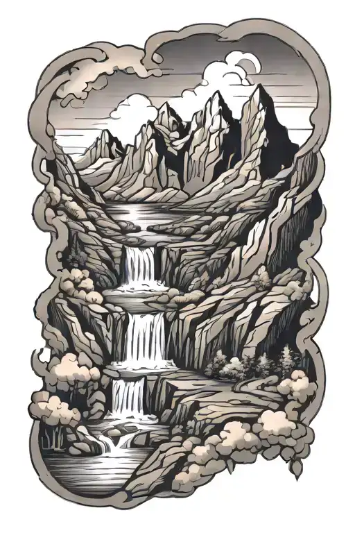 Mountains, Waterfall,  tattoo design idea