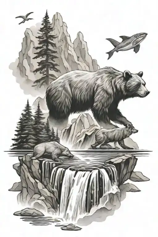 Mountains, Waterfall, and Bear eating fish swimming upstream tattoo design idea