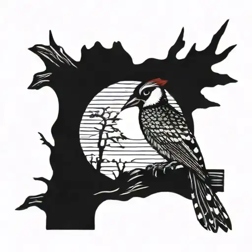 sunset scene woodpecker sitting on a axe tattoo design idea
