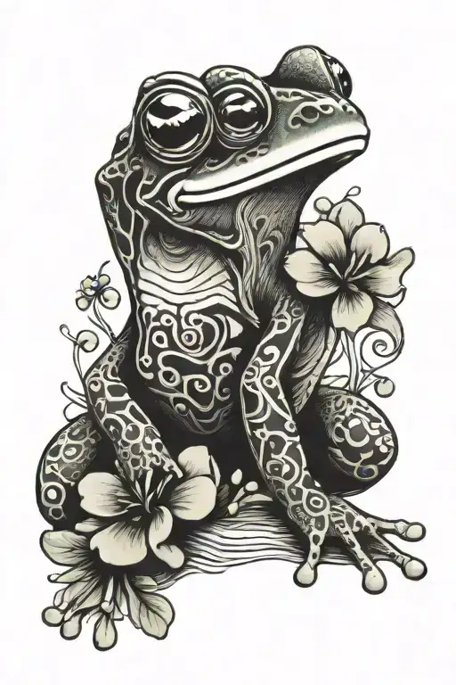 frog with flowers and little four leaf clovers tattoo design idea