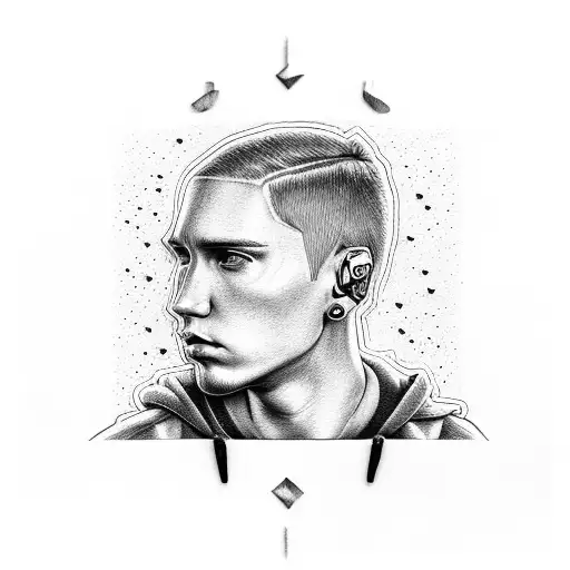 A portrait of Eminem with lyrics from his most famous songs forming his silhouette tattoo design idea