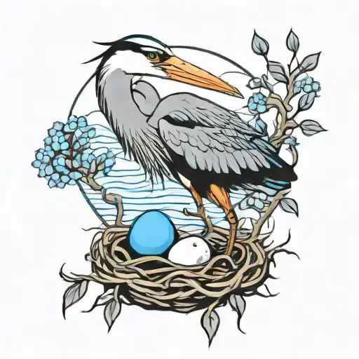 Generate a tattoo of a blue heron and a nest of its two blue eggs tattoo design idea