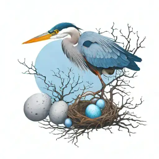 Generate a tattoo of a blue heron and a nest of its two blue eggs tattoo design idea